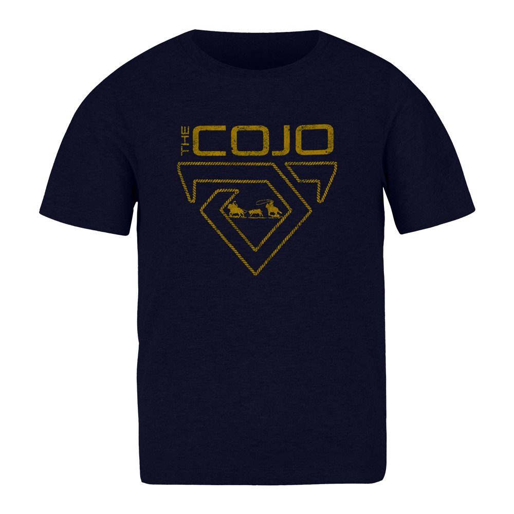 youth tee-navy-cojo logo cowboys roping cows in center