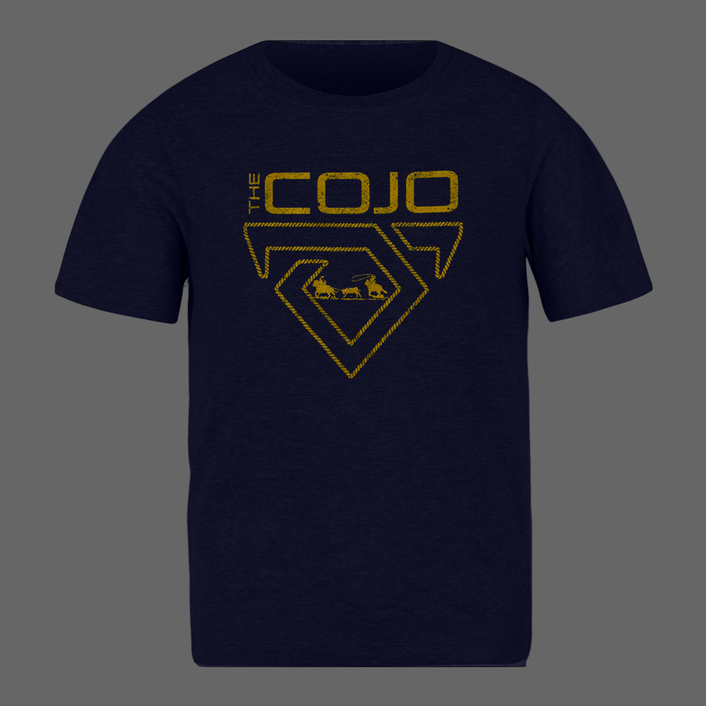 youth tee-navy-cojo logo cowboys roping cows in center