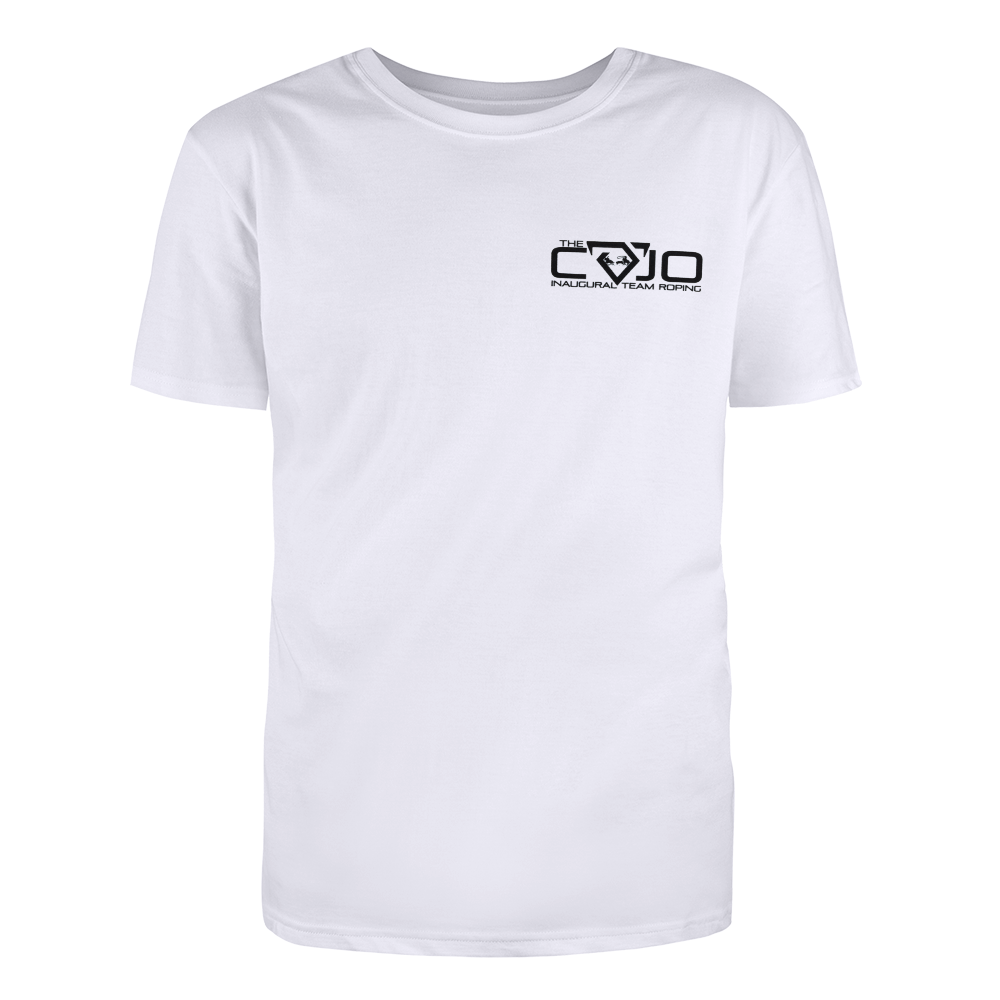 tee-white-front cojo logo-back cowboys roping cows inaugural team roping