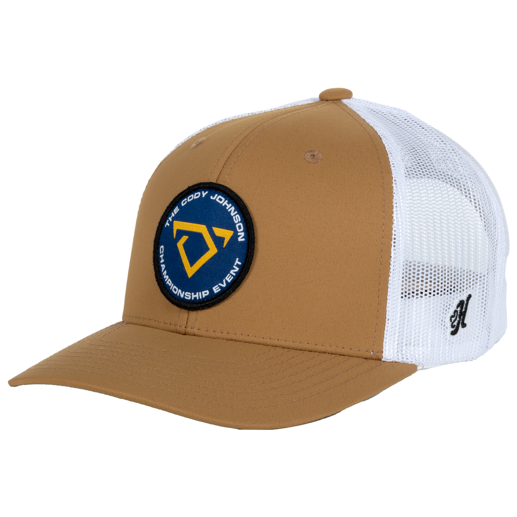 baseball hat-tan/white- championship event cojo logo patch