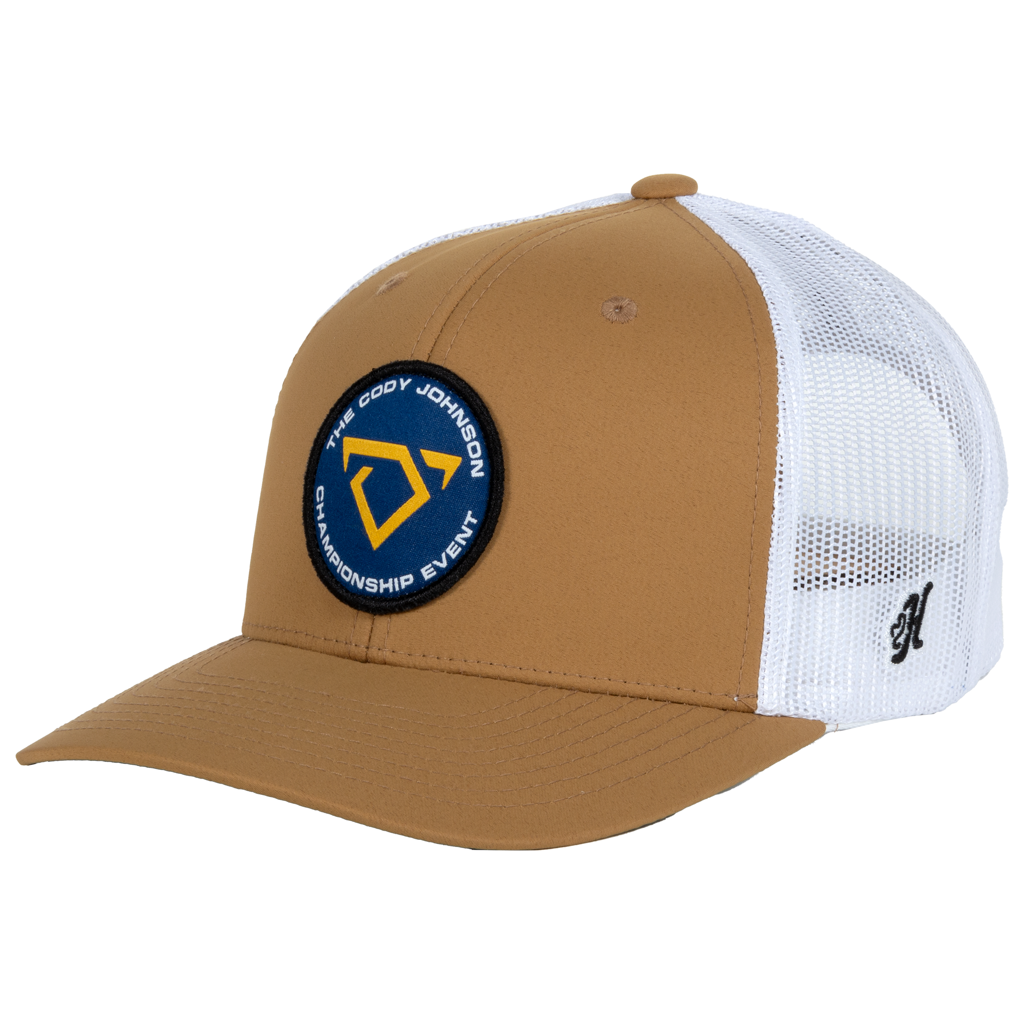 baseball hat-tan/white- championship event cojo logo patch