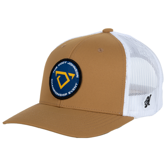 baseball hat-tan/white- championship event cojo logo patch